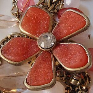 Vtg Pink Stone Chunky Druzy Crystal Statement Necklace Faux Pearl Coral Lucite